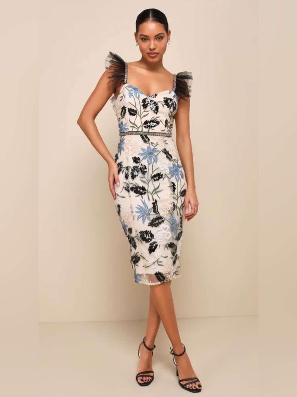 Lulus Show Stopper Cream Embroidered Sequin Bodycon Midi Dress in Size Small